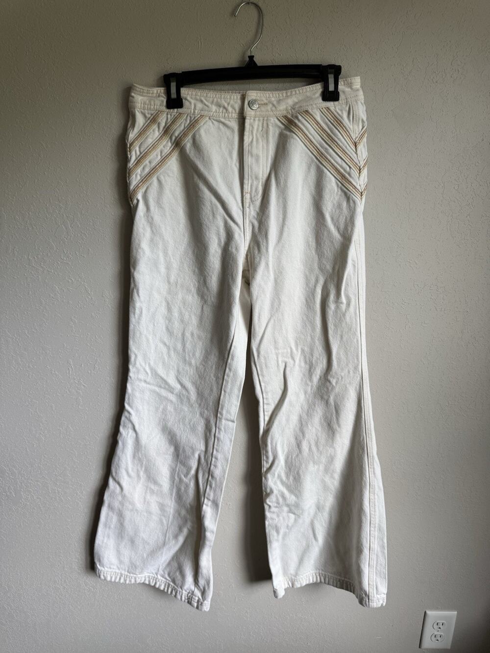 We the Free White Tan Embroidered Stripe Wide Leg Jeans Womens 29 Festival